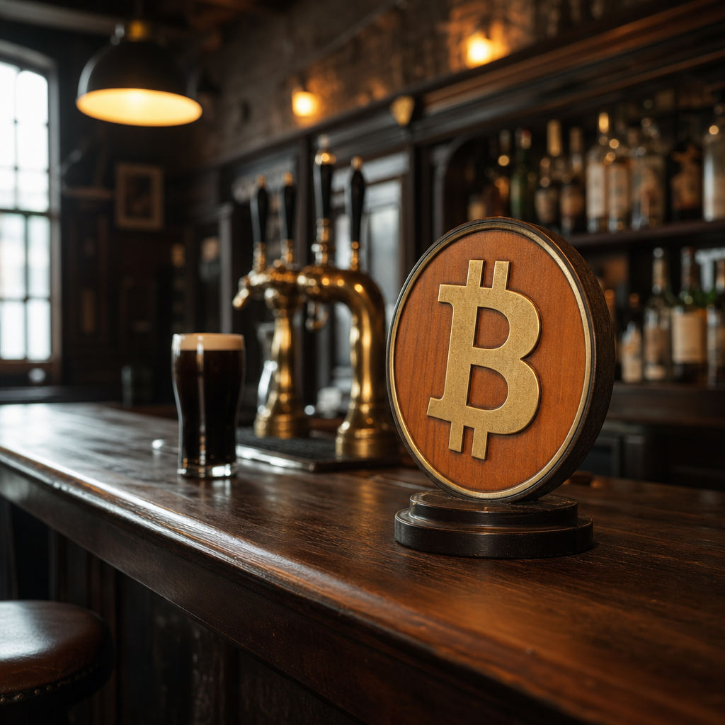 Pub interior with bitcoin signage and bar