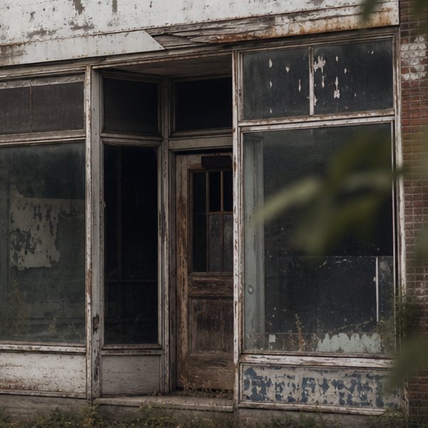 Abandoned storefront on residential street — detail
