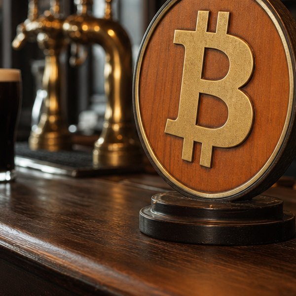 Pub interior with bitcoin signage and bar — detail