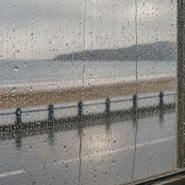 Heavy rain falling on aircraft exterior — detail