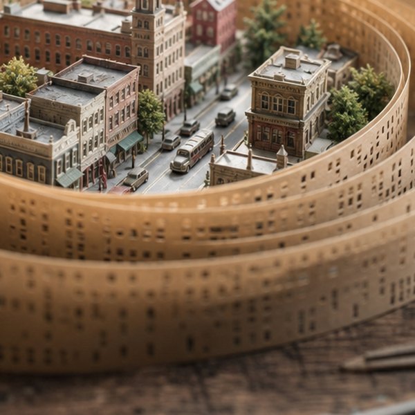 Miniature town inside giant ticker tape — detail