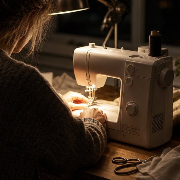 Person sewing at night indoors — detail
